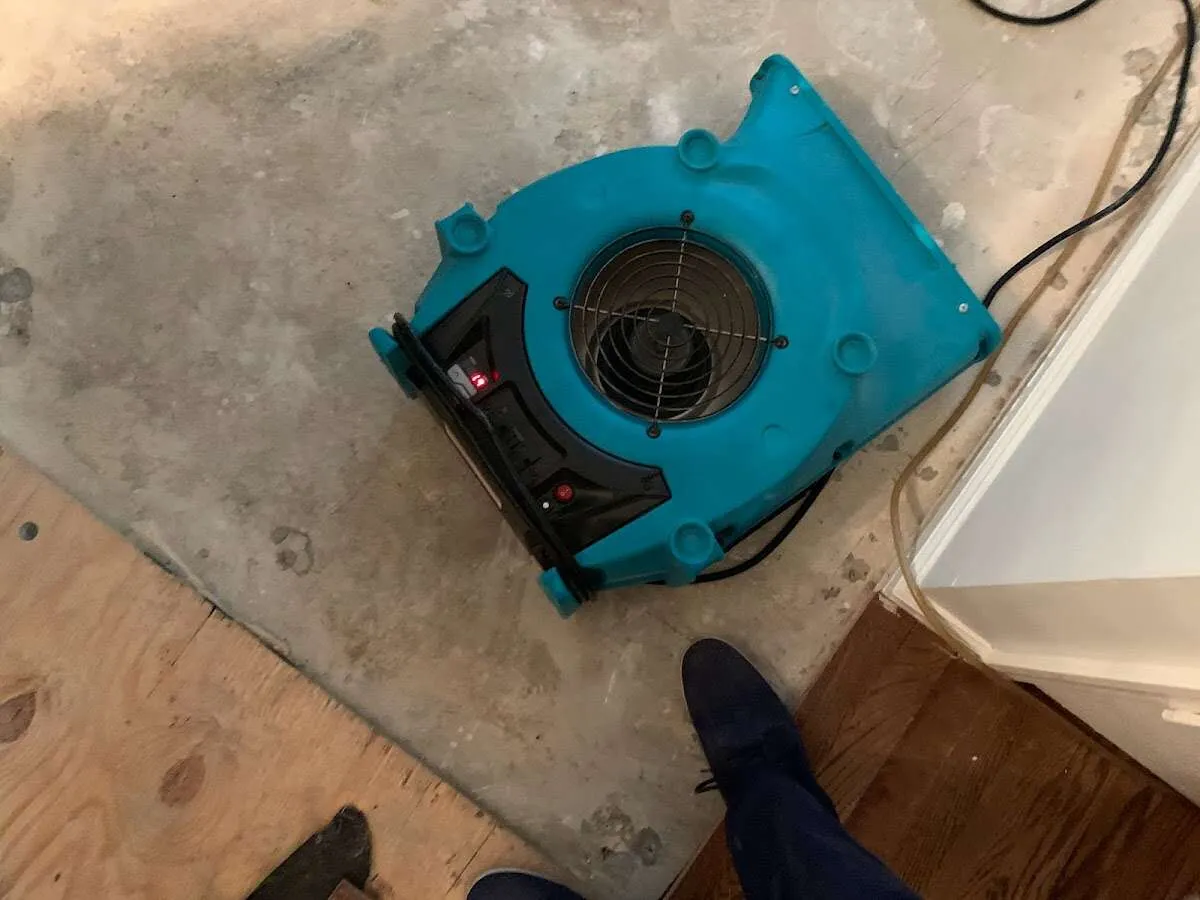 Air mover drying subfloor during Commercial Water Damage Restoration in Swansea